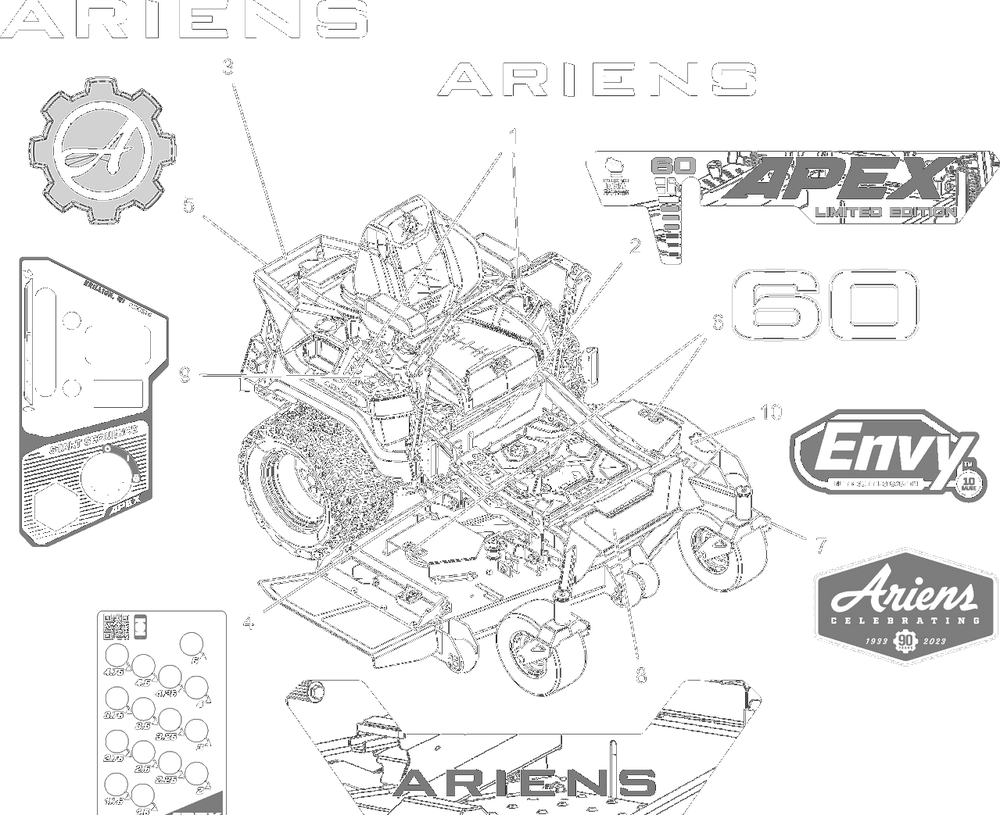 Decals - Style Diagram and Parts List for 991590 095000 + Ariens Lawn Tractor