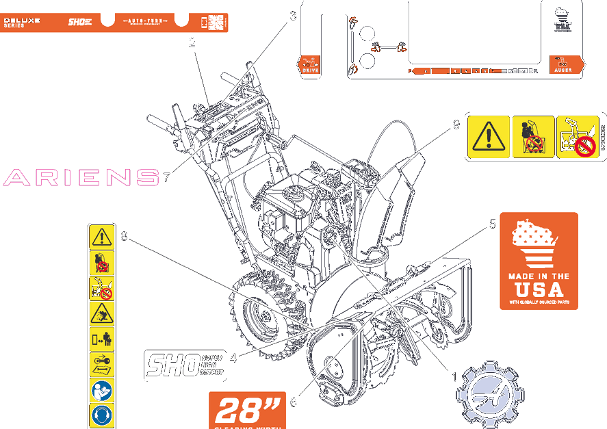 Decals - 28-Inch - Sho Diagram and Parts List for 921072  Ariens Snow Blower