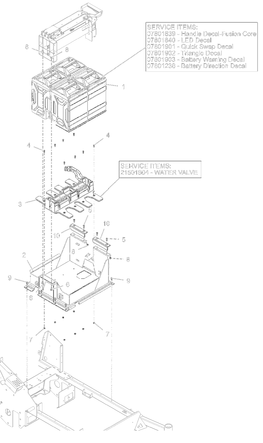 Battery Tray And Batteries Diagram and Parts List for 998305 000101 - 000499 Ariens Lawn Tractor