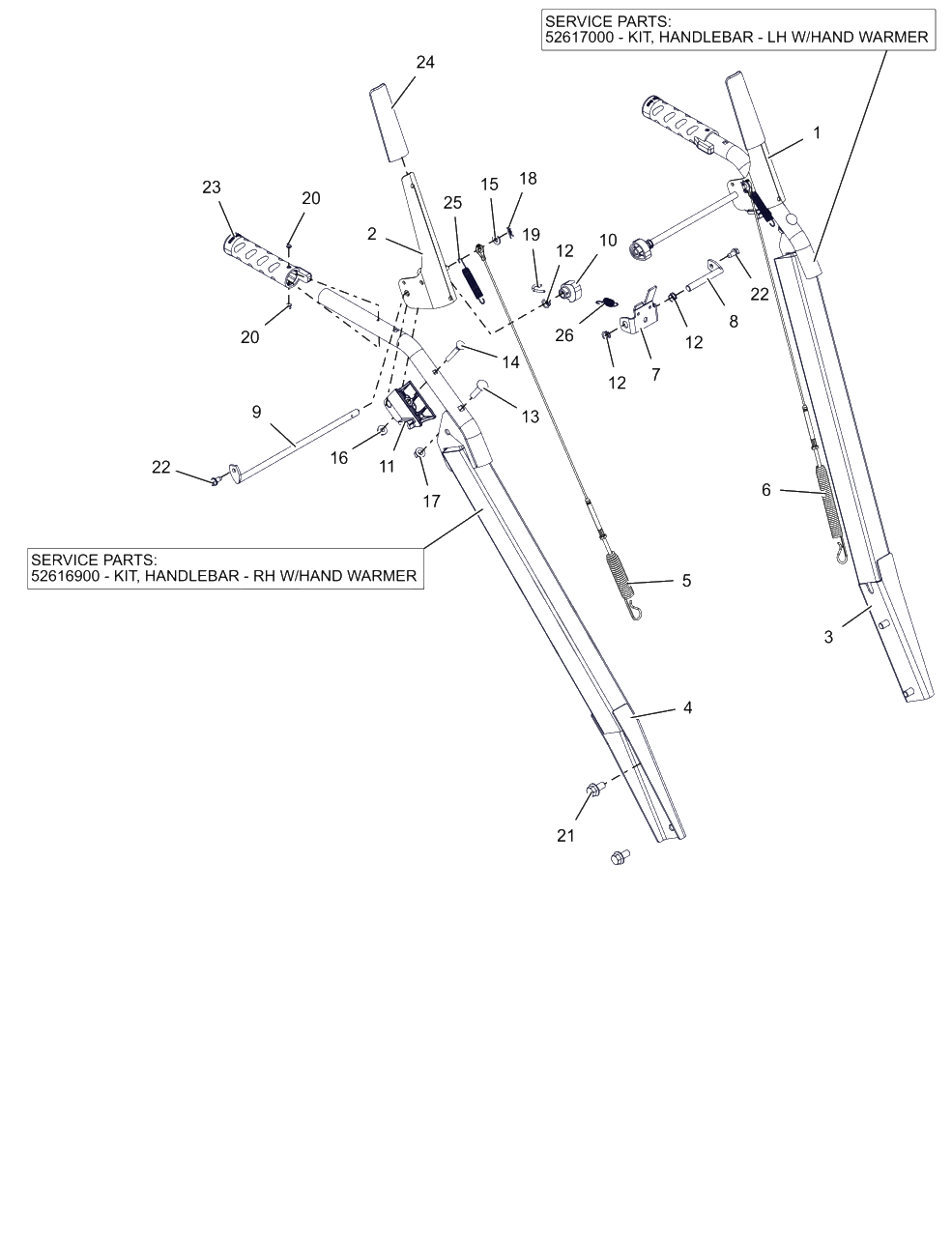 Handlebars Diagram and Parts List for 926093 000101 & Above Ariens Snow Blower