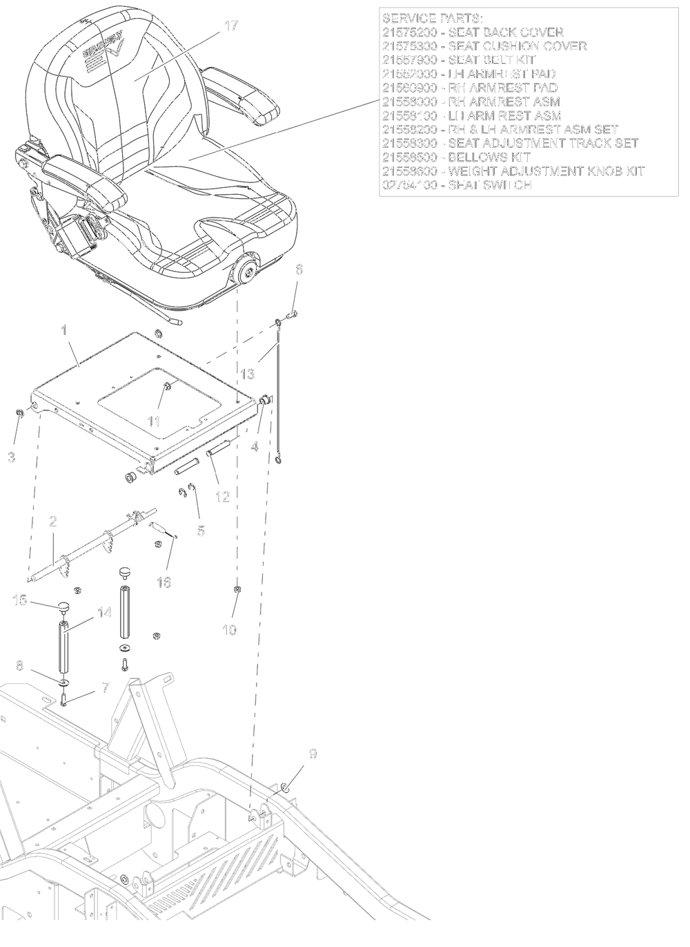 Seat Diagram and Parts List for 997312 000101 - 001499 Ariens Lawn Tractor