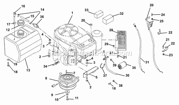 Engine, Fuel And Exhaust System Diagram and Parts List for 988315 000101 Ariens Lawn Mower