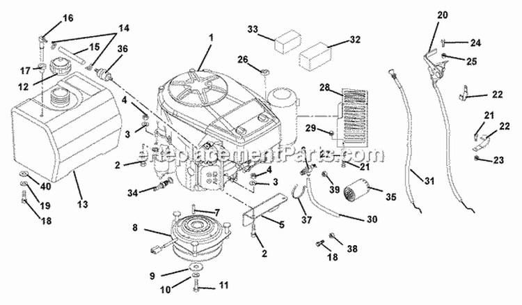Engine, Fuel And Exhaust System Diagram and Parts List for 988320 000101 Ariens Lawn Mower