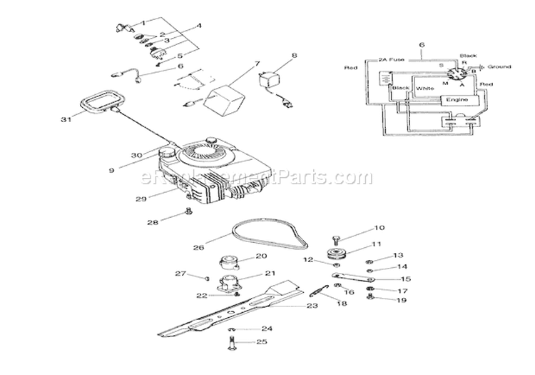 Engine, Blade And Belt Diagram and Parts List for 911048 000101 Ariens Lawn Mower