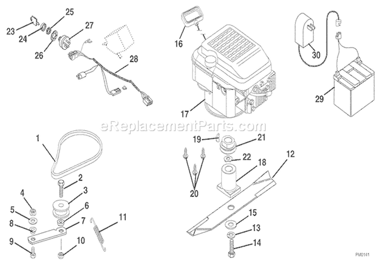 Engine, Blade & Belt Diagram and Parts List for 911329 000101 Ariens Lawn Mower