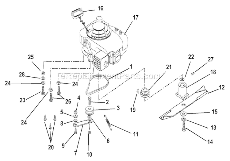 Engine, Blade & Belt Diagram and Parts List for 911330 001772 Ariens Lawn Mower