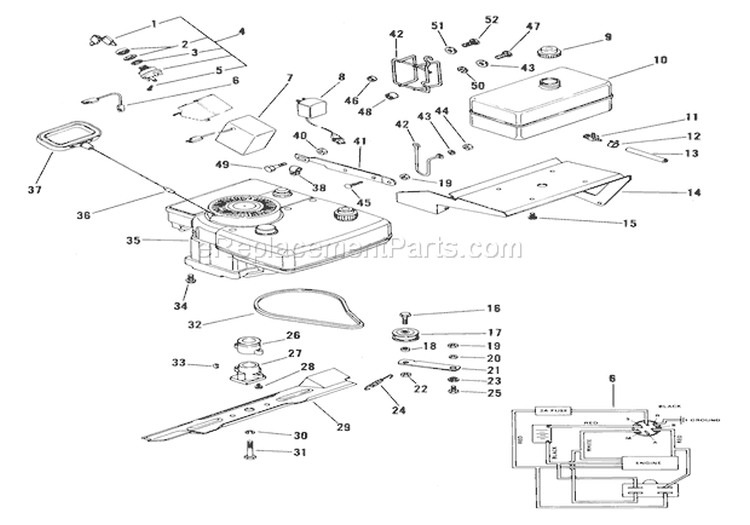 Engine, Blade And Belt Diagram and Parts List for 911035 002250 Ariens Lawn Mower