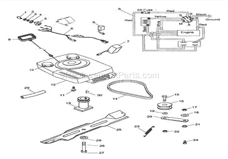 Engine, Blade & Belt Diagram and Parts List for 911069 000101 Ariens Lawn Mower