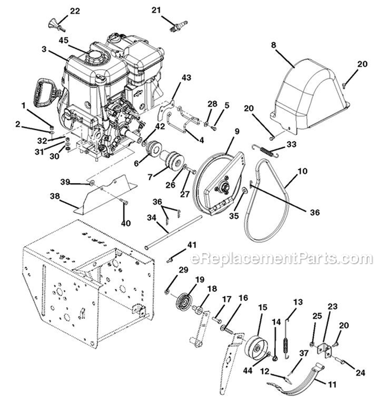 Engine And Belt Drive Diagram and Parts List for 926042 000101 Ariens Snow Blower