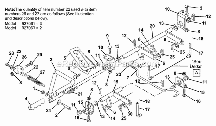 Deck Lift Diagram and Parts List for 927061 020000 Ariens Lawn Tractor