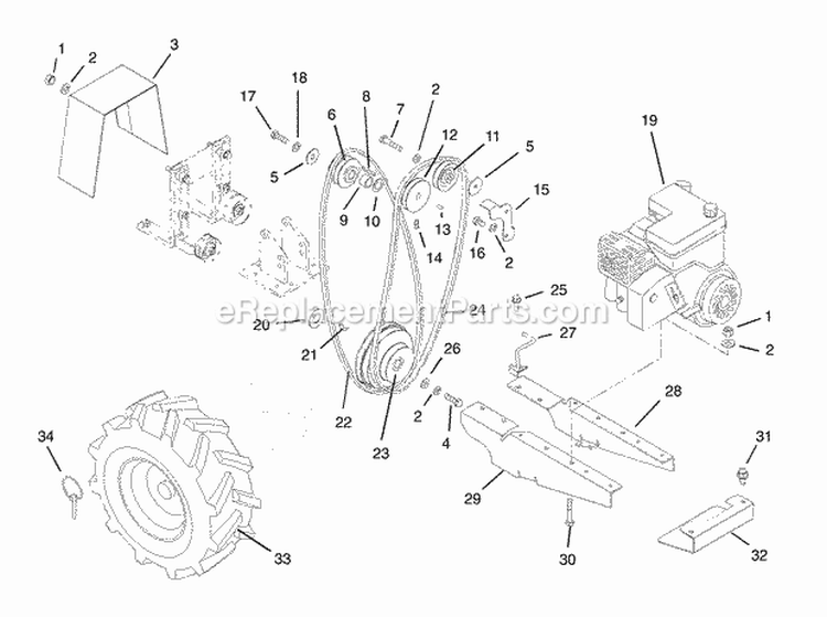 Engine, Drive And Wheels Diagram and Parts List for 901025 000101 Ariens Tiller