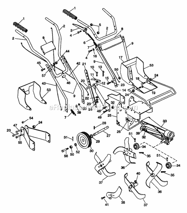 Frame & Linkage Diagram and Parts List for 902809 000101 Ariens Tiller