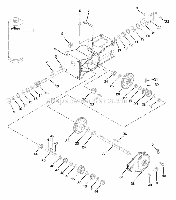 Transmission Gearcase Diagram and Parts List for 901024 000101 Ariens Tiller