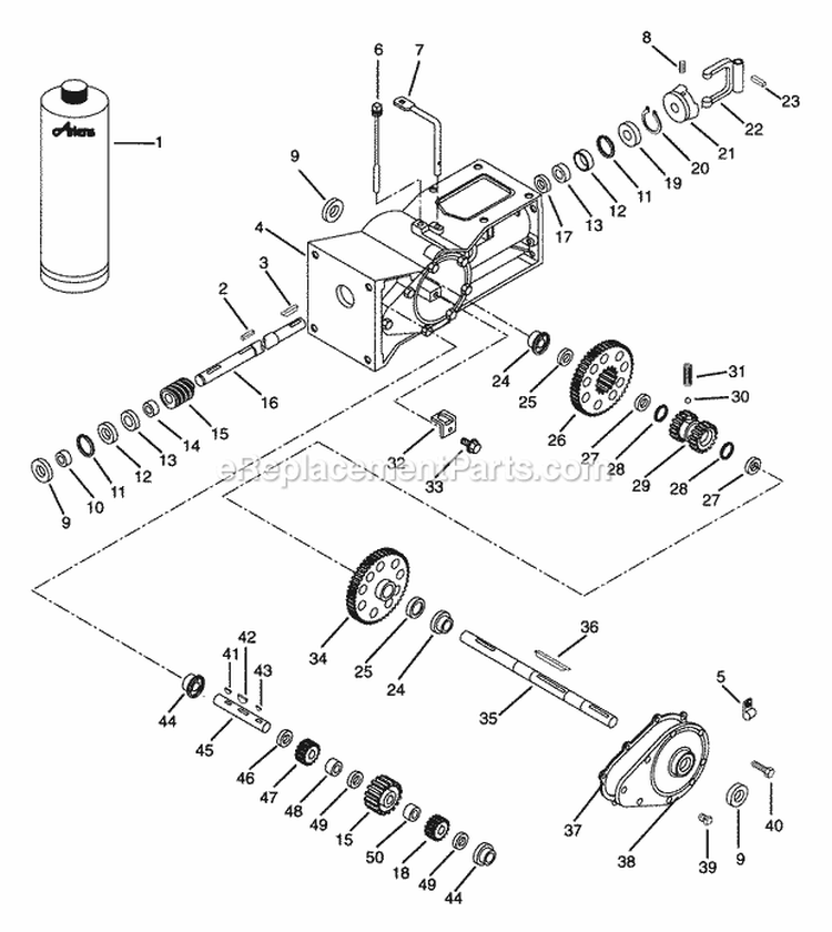Transmission Gearcase Diagram and Parts List for 901027 000101 Ariens Tiller