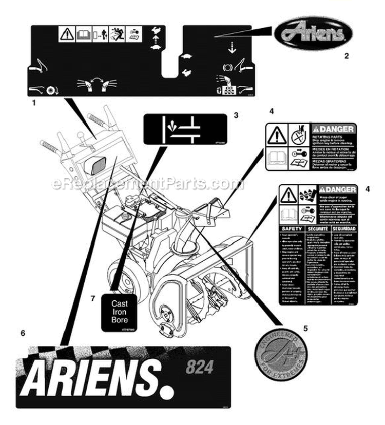Decals Diagram and Parts List for 932501 000101 Ariens Snow Blower