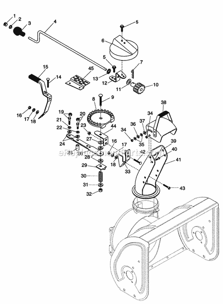 Discharge Chute Diagram and Parts List for 932303 000180 Ariens Snow Blower