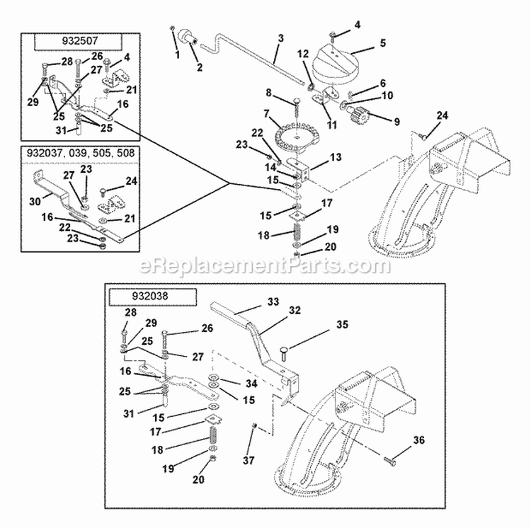 Discharge Chute Crank Diagram and Parts List for 932037 004501 Ariens Snow Blower