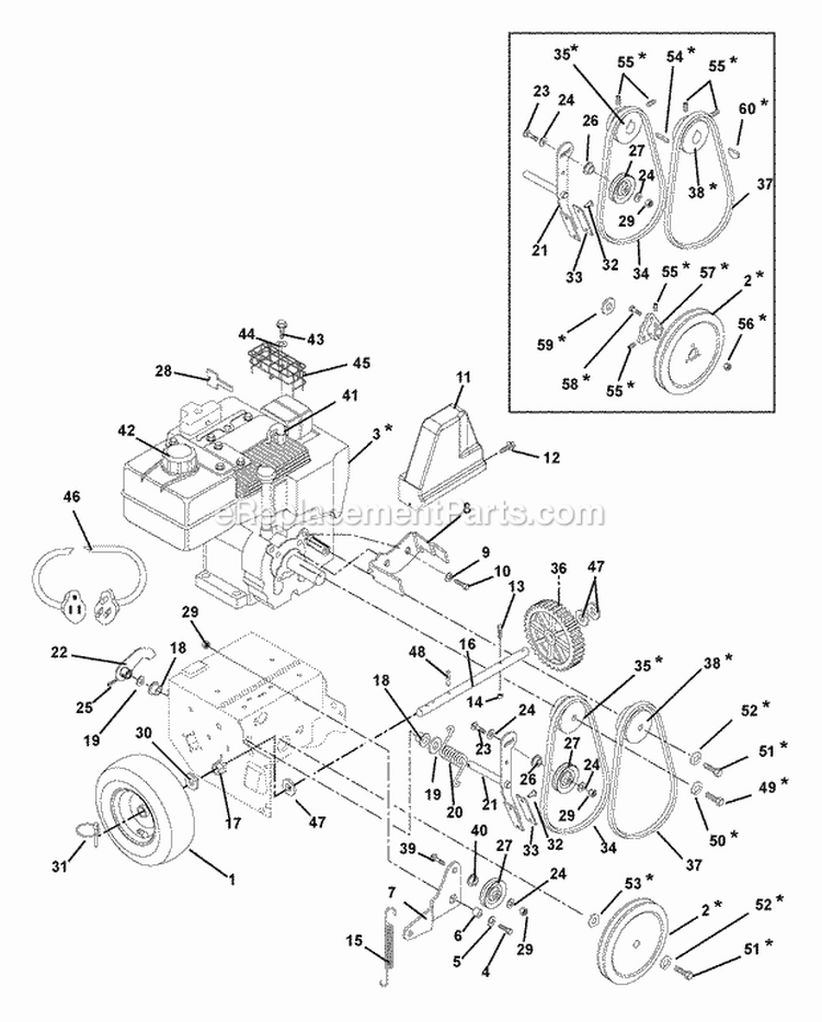 Engine And Belt Drive Diagram and Parts List for 932037 004501 Ariens Snow Blower