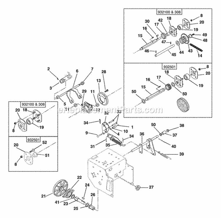 Engine And Belt Drive Diagram and Parts List for 932308 000101 Ariens Snow Blower