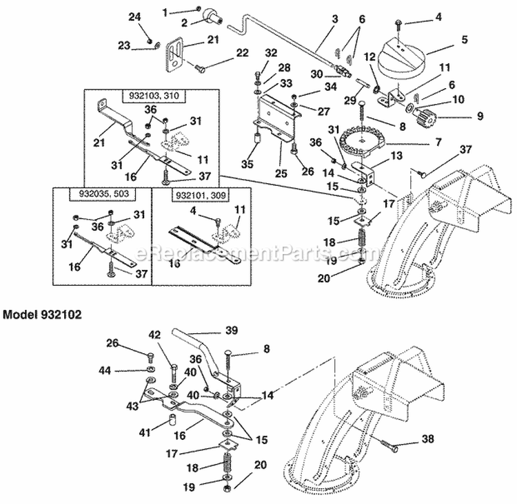 Discharge Chute Crank Diagram and Parts List for 932101 000101 Ariens Snow Blower