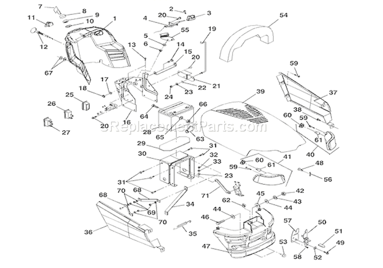 Hood, Dash And Battery Diagram and Parts List for 936033 000101 Ariens Lawn Tractor