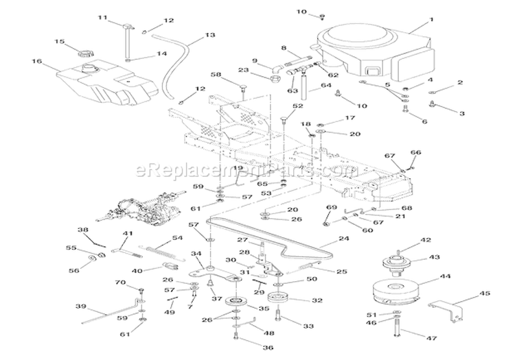 Engine, Fuel Tank & Belt Drive Diagram and Parts List for 936330 000101 Ariens Lawn Tractor