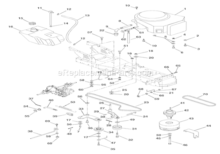 Engine, Fuel Tank And Belt Drive Diagram and Parts List for 936034 000101 Ariens Lawn Tractor