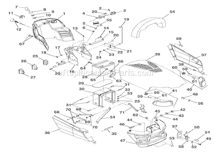 Hood, Dash And Battery Diagram and Parts List for 936034 000101 Ariens Lawn Tractor