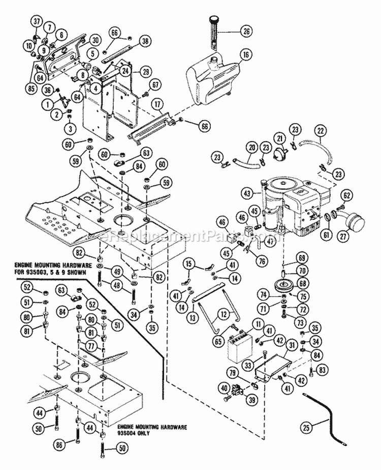 Engine, Fuel System & Electrical Components Diagram and Parts List for 935004 000901 Ariens Lawn Tractor