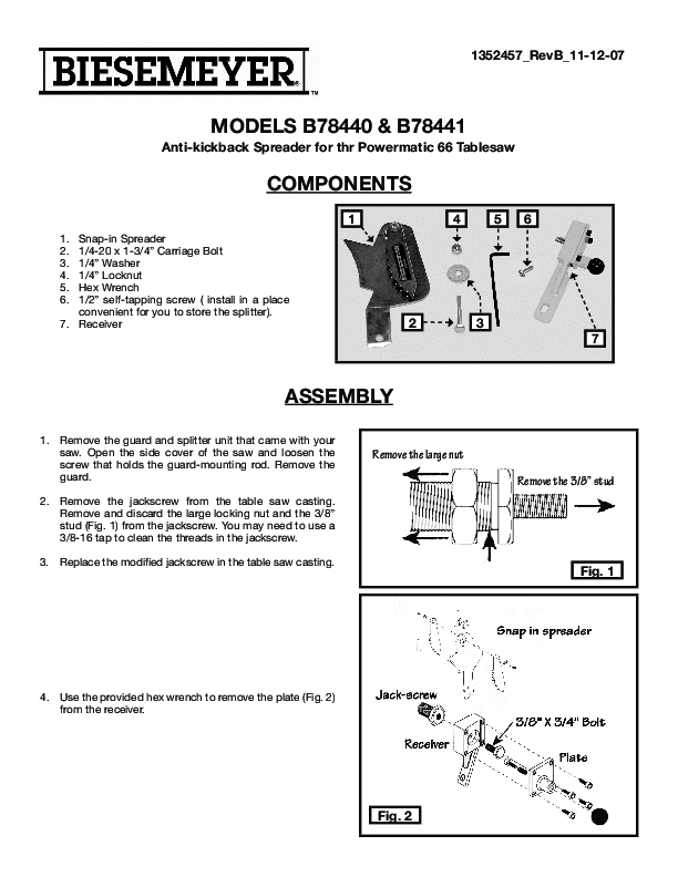 Default 2 Diagram and Parts List for 78-441 Type 1 Biesemeyer Table Saw Accessories