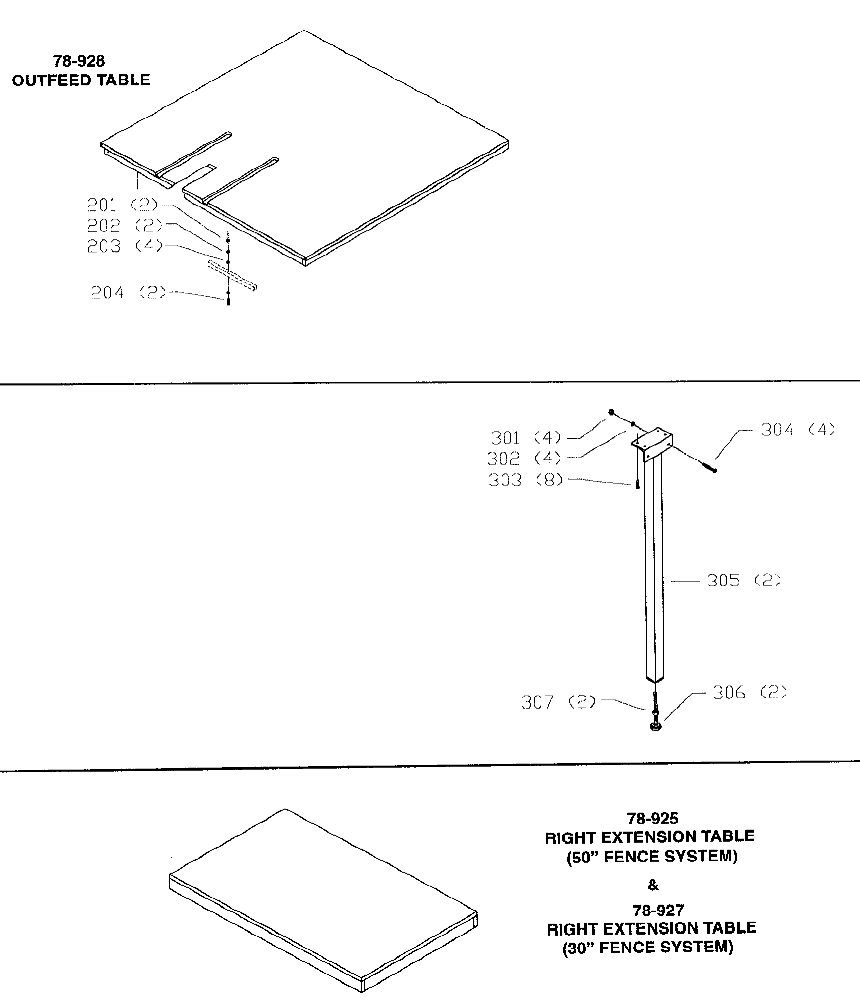 Default 2 Diagram and Parts List for J-78-904 Type 1 Biesemeyer Table Saw Accessories