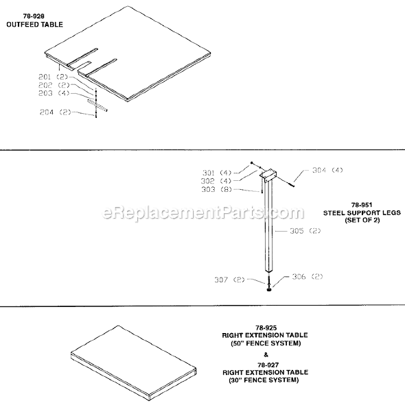 Page B Diagram and Parts List for 78-900 Type 1 Biesemeyer Table Saw Accessories