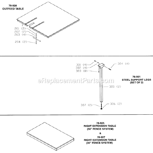 Page B Diagram and Parts List for 78-910 Type 1 Biesemeyer Table Saw Accessories