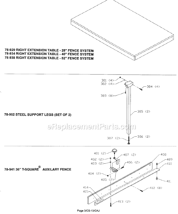 Page B Diagram and Parts List for 79-010 Type 1 Biesemeyer Table Saw Accessories