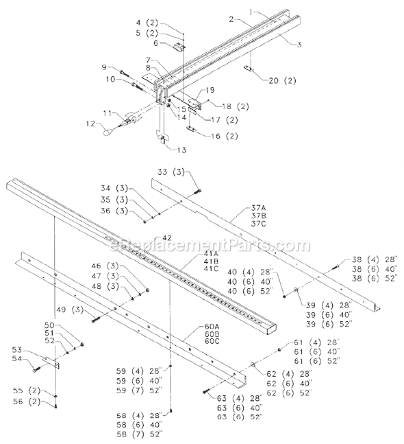 Page A Diagram and Parts List for 79-016 Type 1 Biesemeyer Table Saw Accessories