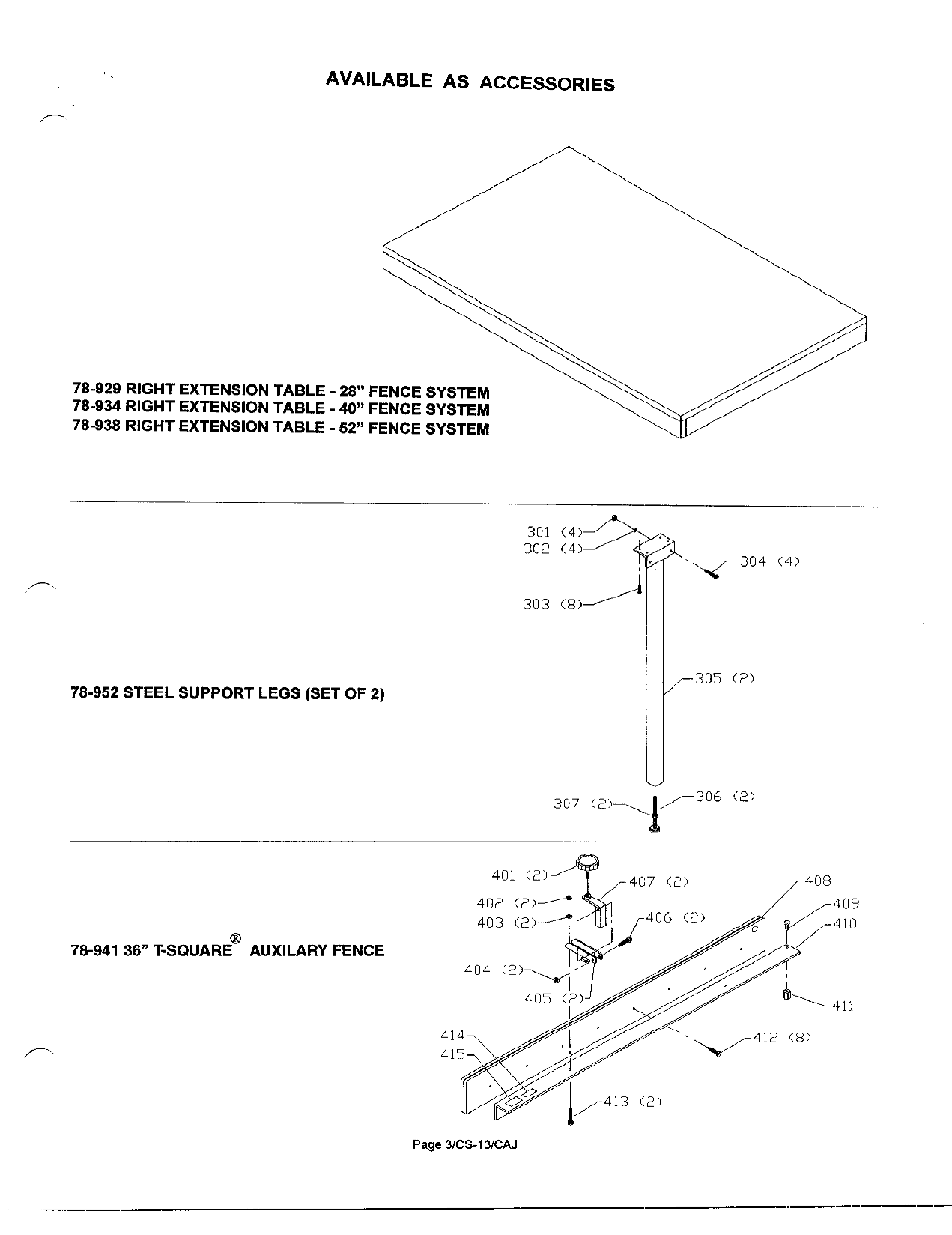 Default 2 Diagram and Parts List for J-79-010 Type 1 Biesemeyer Table Saw Accessories