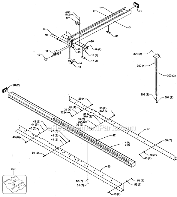 Page A Diagram and Parts List for BC30 Type 1 Biesemeyer Table Saw Accessories