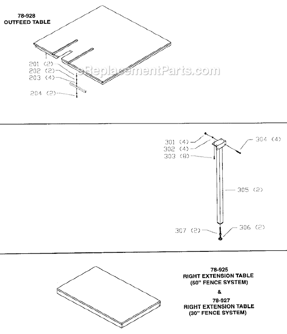 Page B Diagram and Parts List for 78-904 Type 1 Biesemeyer Table Saw Accessories