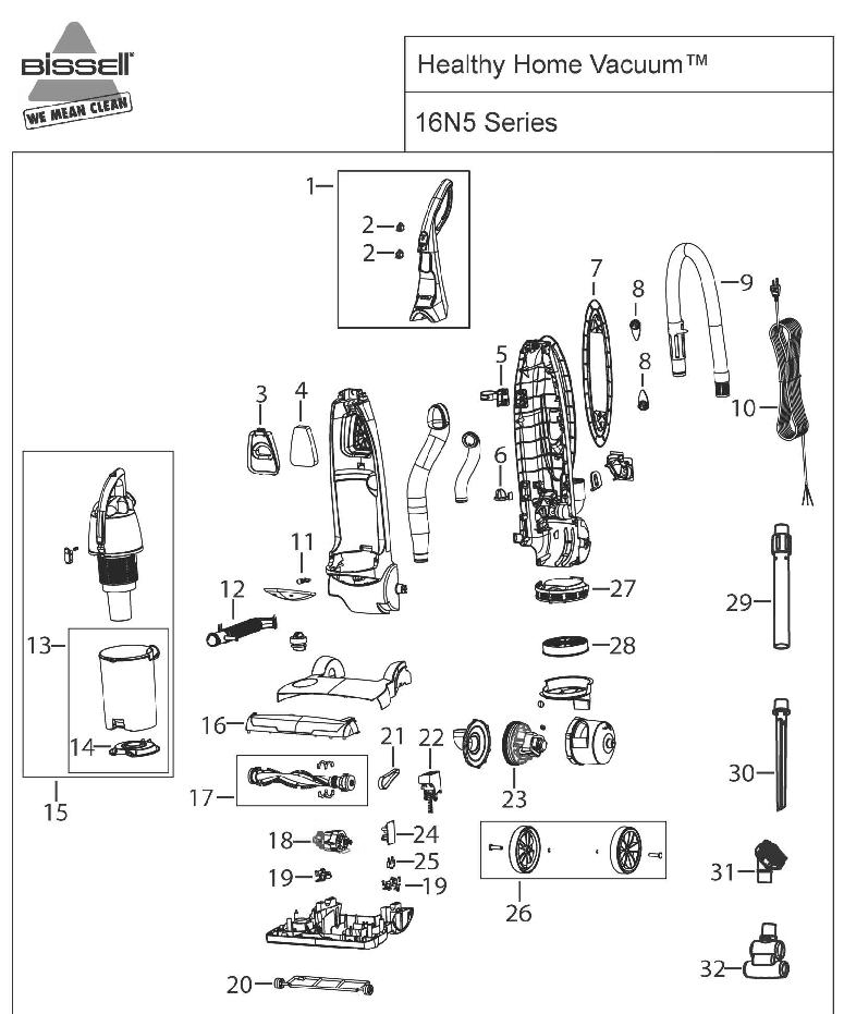 Section 1 Diagram and Parts List for 16N52  Bissell Hand Vacuum