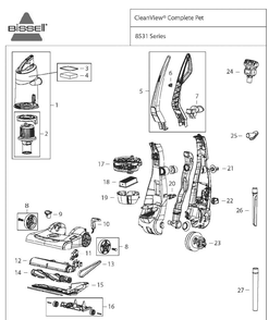 Part Location Diagram of 1008 Bissell Filter pack (1 pre-motor & 1 post motor filter)