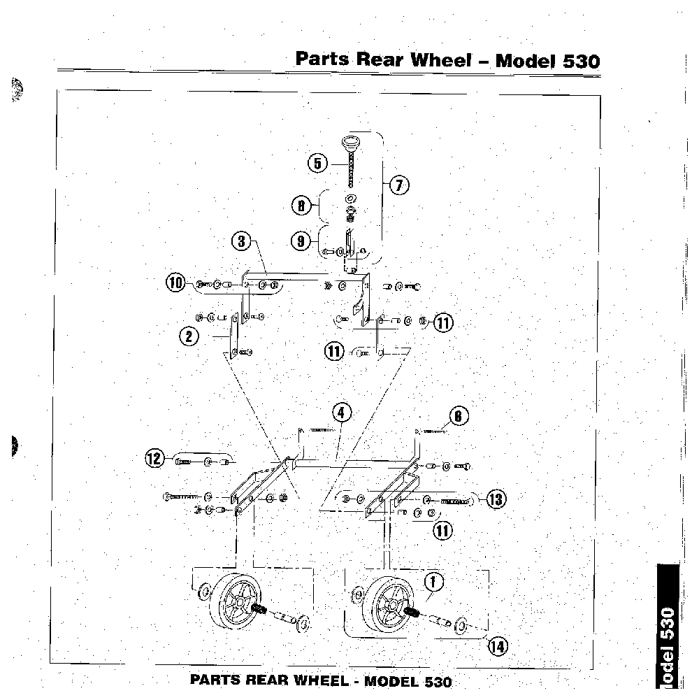 Wheel And Depth Bar Assembly Diagram and Parts List for 530  Bluebird Aerator