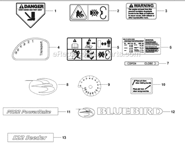 Page B Diagram and Parts List for PR22B5FA 966067501 - 2010-06 Bluebird Dethatcher