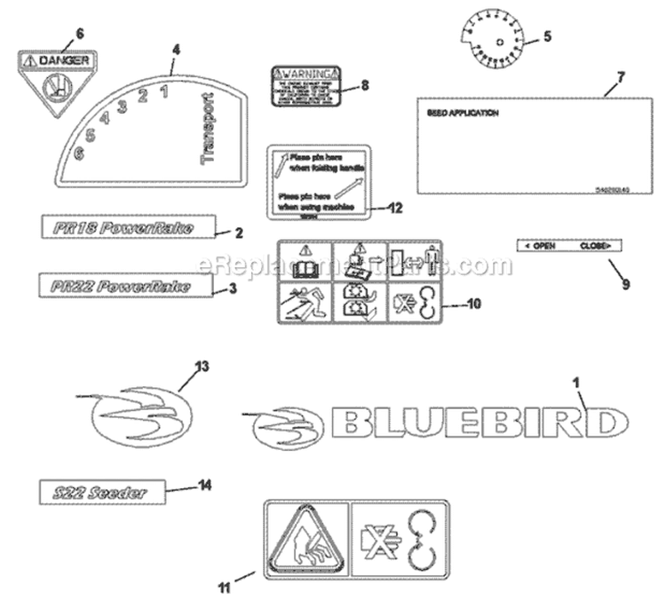 Decals Diagram and Parts List for S22S6DA 968999681 - 2007-07 Bluebird Aerator