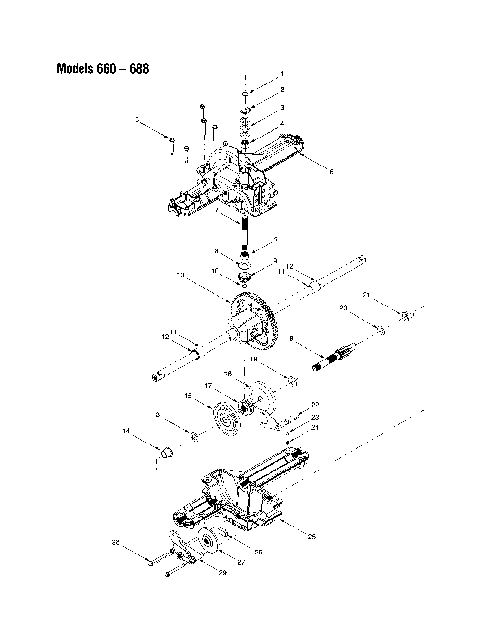 Upper and lower housing Diagram and Parts List for 13AM683H163  Bolens Lawn Tractor