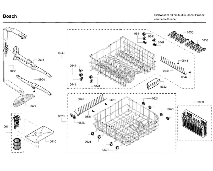 Rack Diagram and Parts List for SHE3AR72UC 22 Bosch Dishwasher