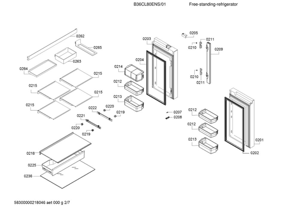 Refrigerator Doors And Shelves Diagram and Parts List for B36CL80ENS 01 Bosch Refrigerator
