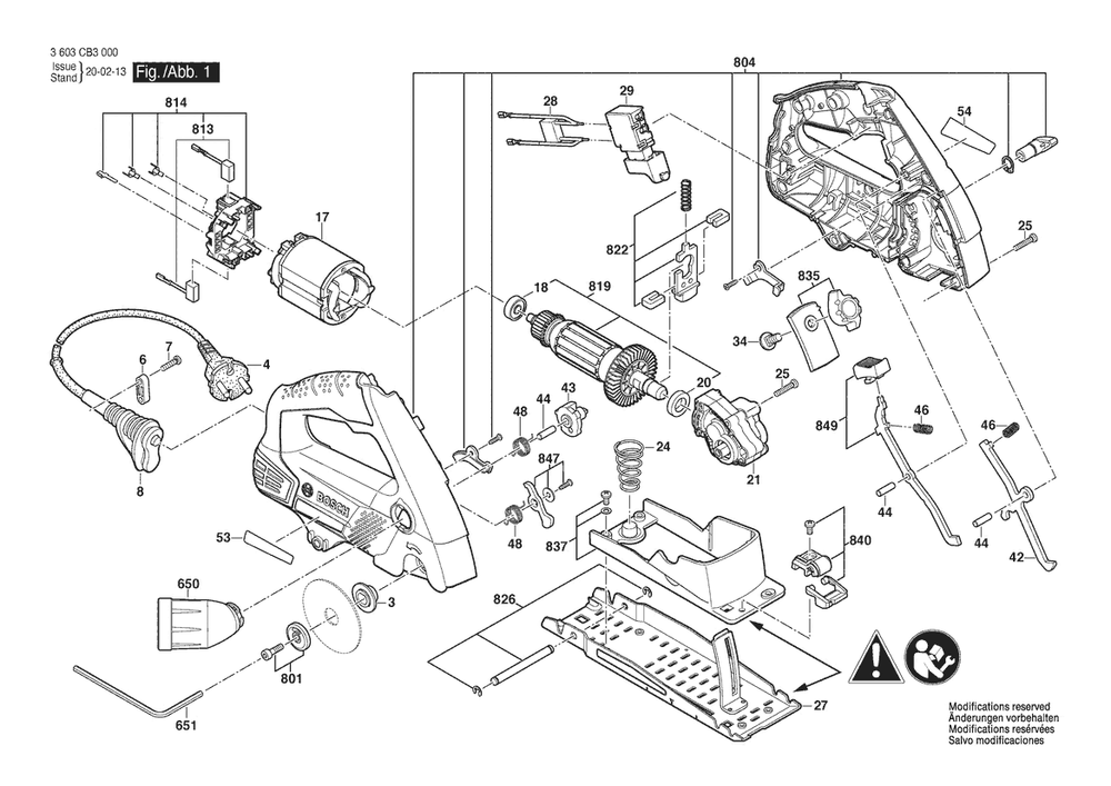 Section 1 Diagram and Parts List for PKS1600 3603CB3001 Bosch Circular Saw