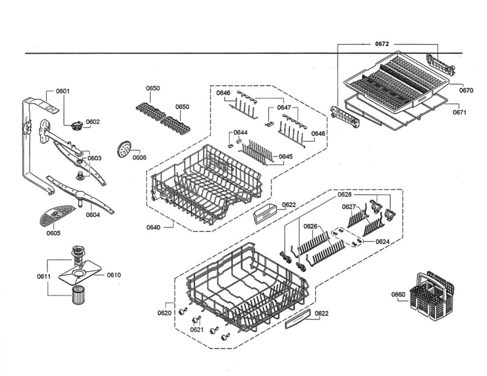Spray Arms/Racks Diagram and Parts List for DWHD640JFP B3 Thermador Dishwasher