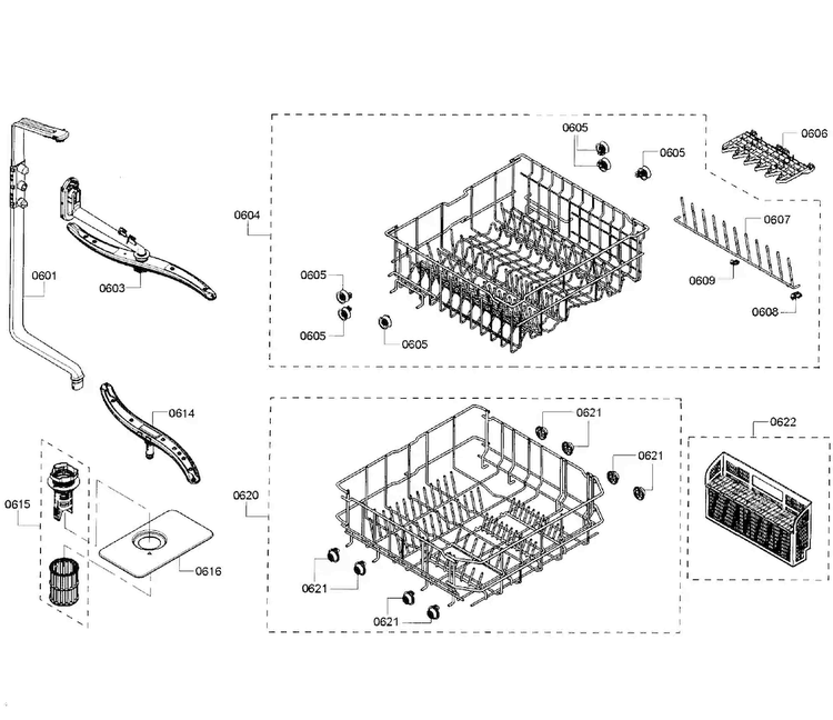 Baskets Diagram and Parts List for SHE3AR55UC 08 Bosch Dishwasher