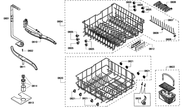 Baskets Diagram and Parts List for SHE43P05UC 59 Bosch Dishwasher